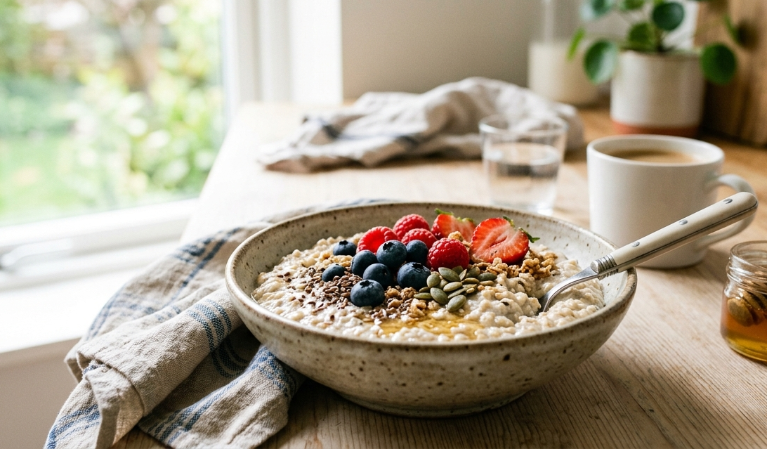 Frühstücksschale mit Haferflocken, Beeren und Nüssen auf einem hellen Holztisch
